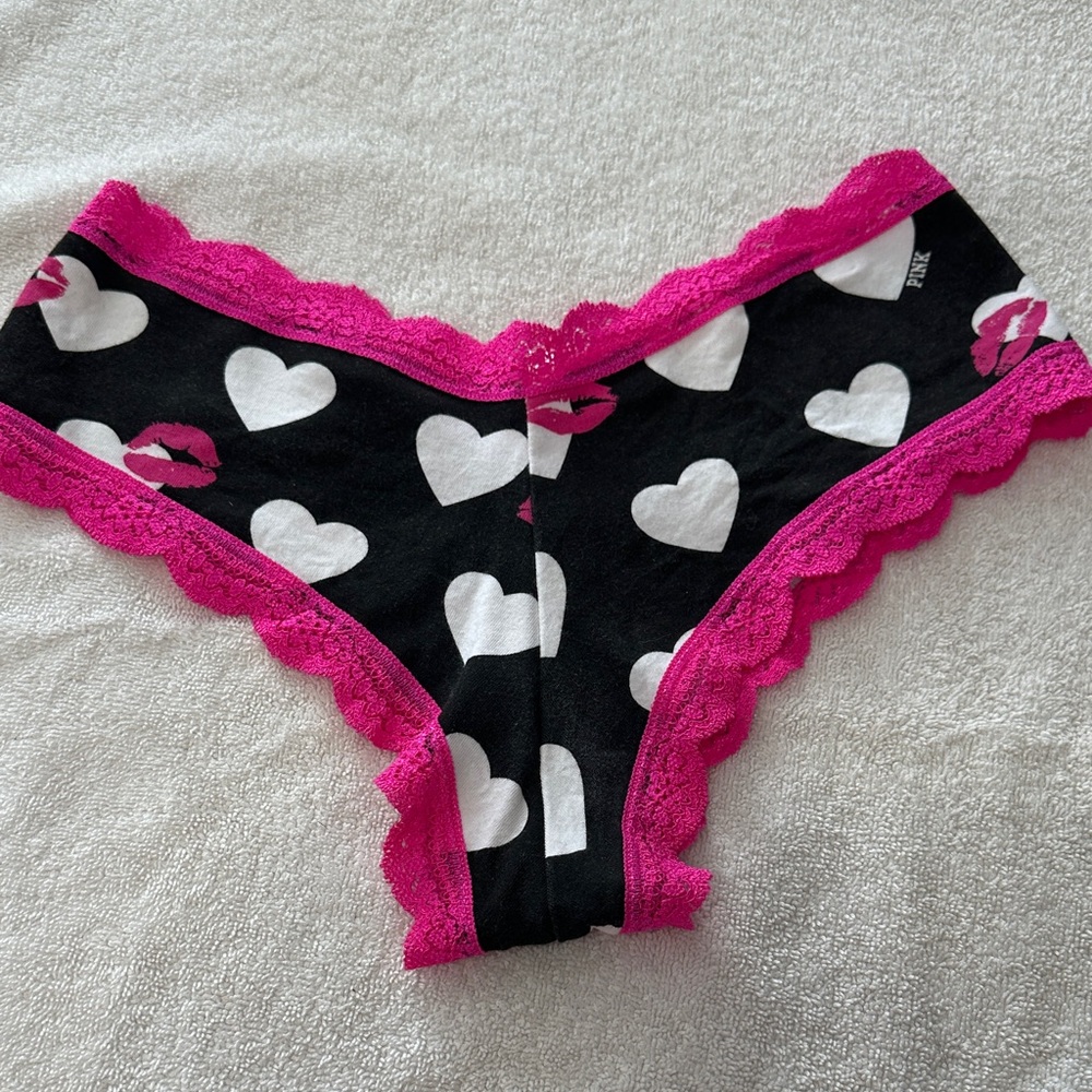 Victoria's Secret Black Panties with Pink Trim and White Hearts